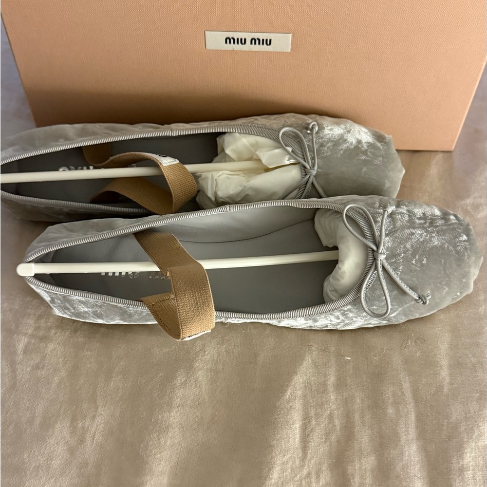 Miu Miu Silver Velvet Flats with Tan Strap
